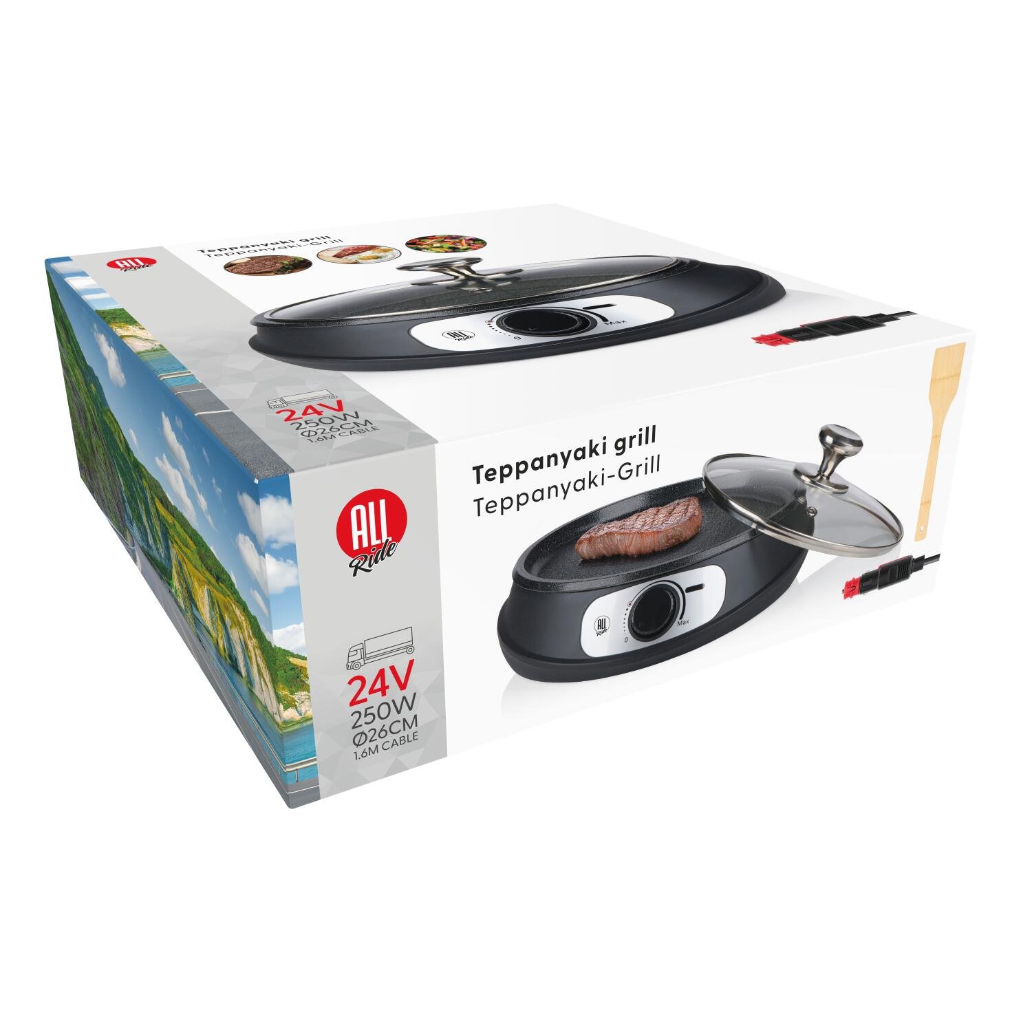 AllRide Teppanyaki Grill – 24V voor Vrachtwagen – Ø26 cm – 250W – Inclusief Deksel & Spatel